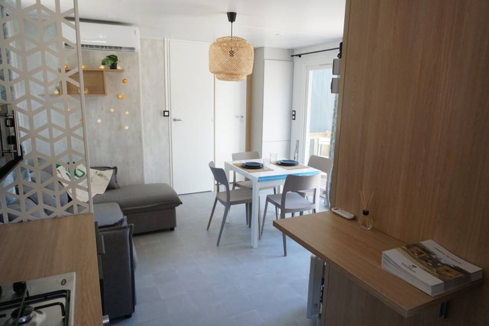 Pi&egrave;ce &agrave; vivre du mobil home neuf sur parcelle : LOUISIANE Savanah 2021 2 chambres